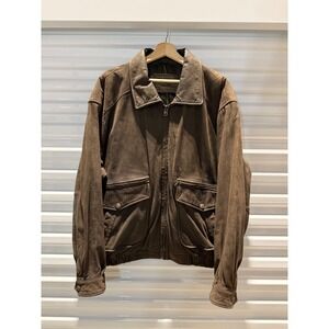 St Johns Bay Mens XL Leather Bomber Jacket Brown Genuine Leather Plaid Lined